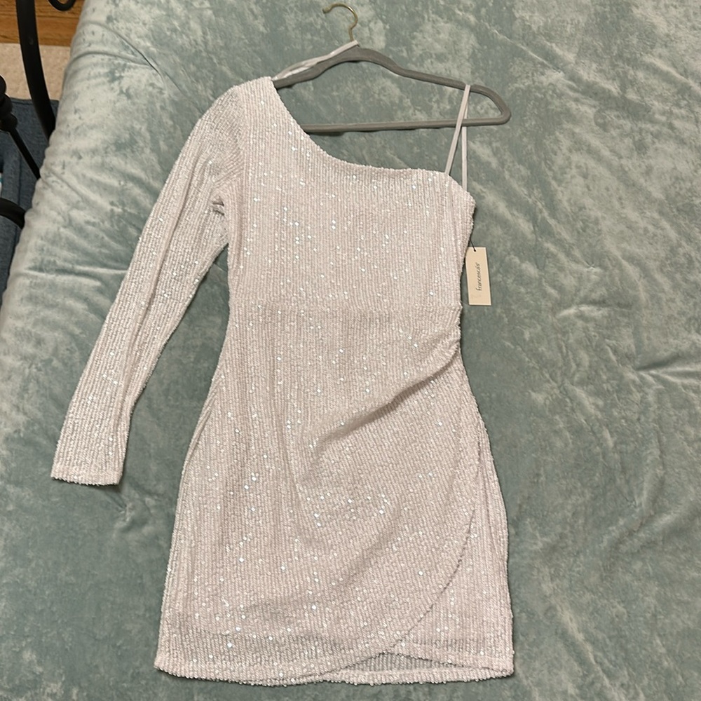 Francesca’s one shoulder white sequin dress